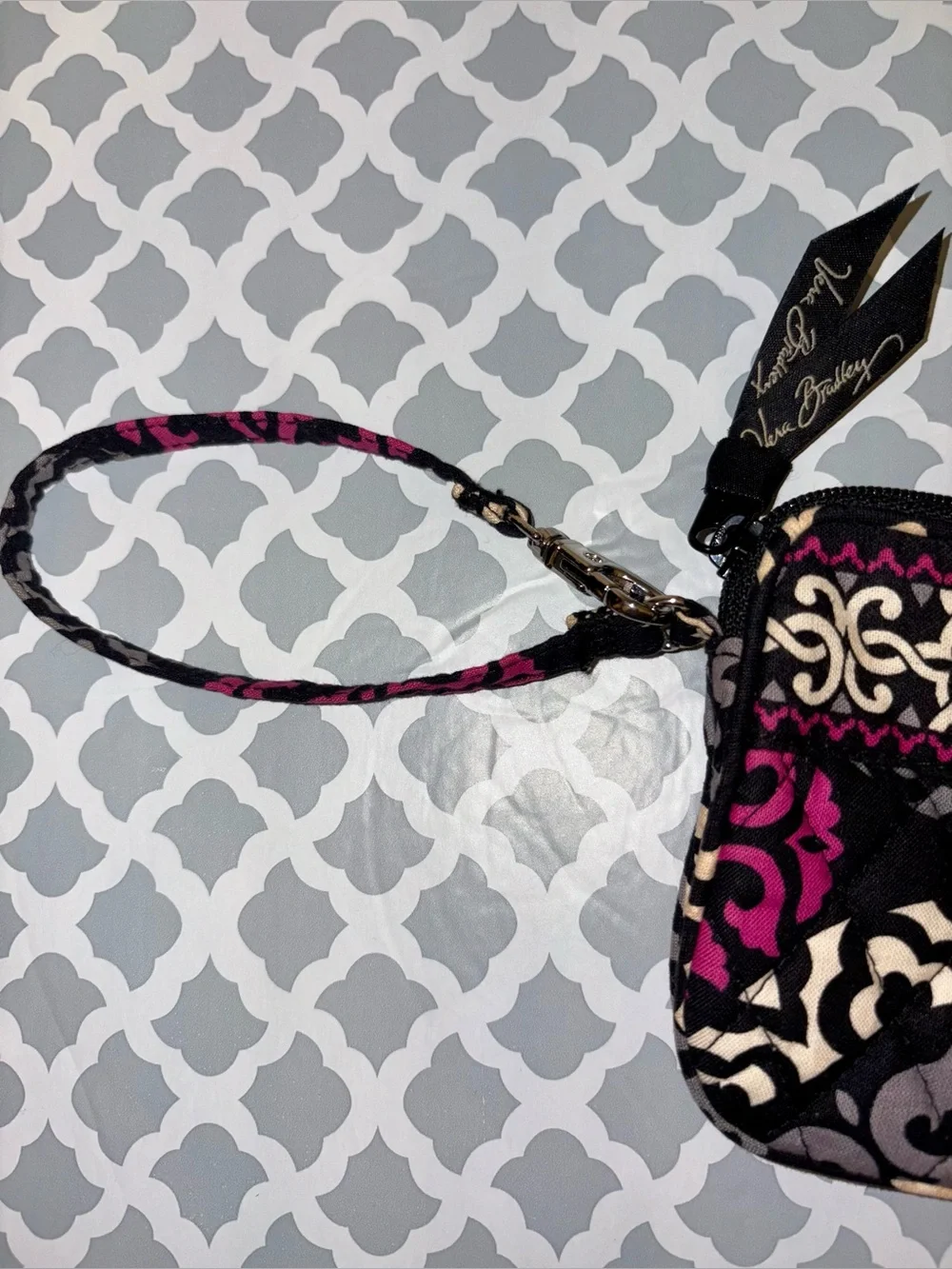 Vera Bradley Black, Pink & Cream Patterned Quilted Wristlet